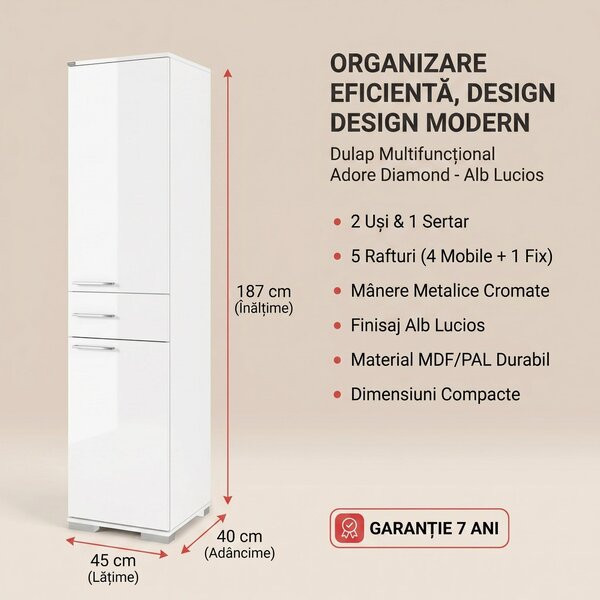 Dulap Multifunctional Adore Diamond, 2 usi, 1 sertar, Alb Lucios, 45x187x40 cm