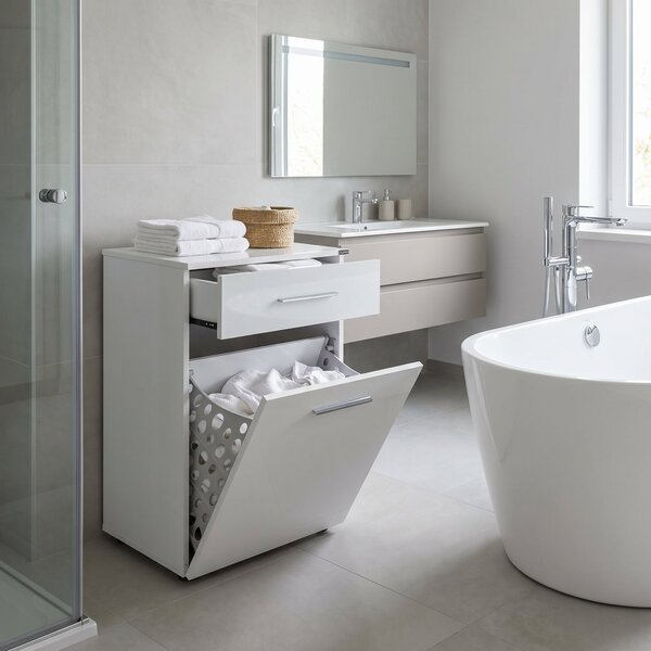 Dulap Baie cu cos de rufe Adore Diamond Mini, sertar, Alb Lucios, 52x83x38 cm