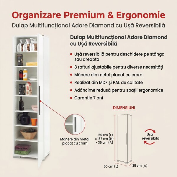 Dulap Multifunctional Adore Diamond, 8 rafturi, Usa reversibila, Alb, 50x187x35 cm