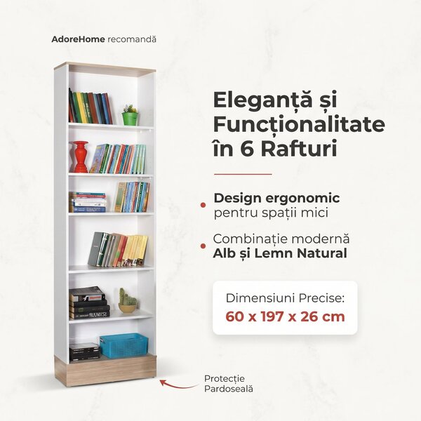 Bibliotecă Adore Base cu 6 Rafturi, Alb, 60x197x26 cm