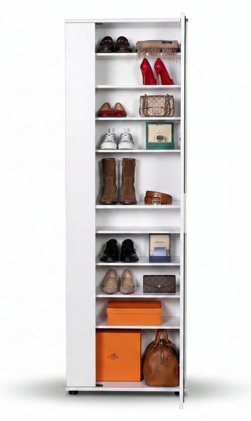 Pantofar Adore Porto, 2 usi reversibile cu oglinda, 10 rafturi, capacitate 28 perechi, Alb - Natur, 60x187x36 cm