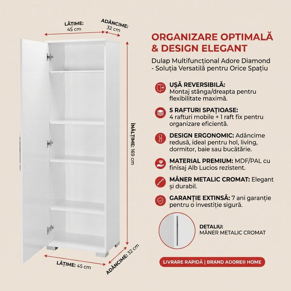 Dulap Multifunctional Adore Diamond, Usa reversibila, 5 rafturi, Alb, 45x169x32 cm