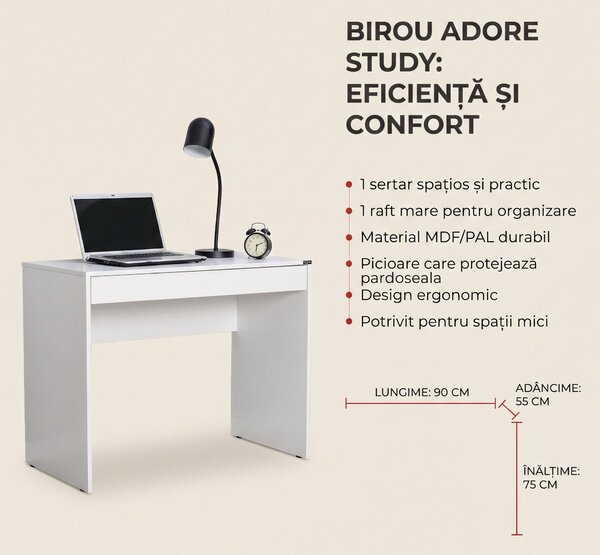 Birou Adore Study, cu sertar, 90x75x55 cm