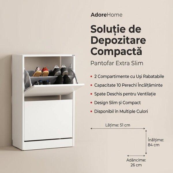 Pantofar Adore Compact, 10 Perechi, 2 Compartimente, Alb - Mov, 51x84x26 cm