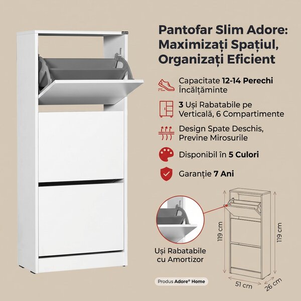 Pantofar Adore Compact Plus, 12 Perechi, 3 Compartimente, Alb - Stejar - Mov, 51x119x26 cm