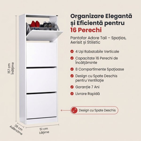 Pantofar Adore Compact XL, 16 Perechi, 4 Compartimente, Alb - Natur, 51x157x26 cm