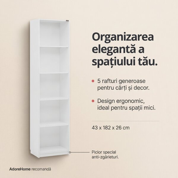 Biblioteca Adore Vargas, 5 Rafturi, Alb - Natural, 43x182x26 cm