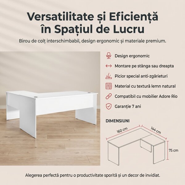 Birou Adore L Rio Office, Interschimbabil, Masa de colt, 160x75x144 cm