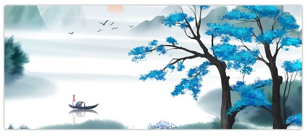 Tablou - Pictură, lac cu barcă (120x50 cm)