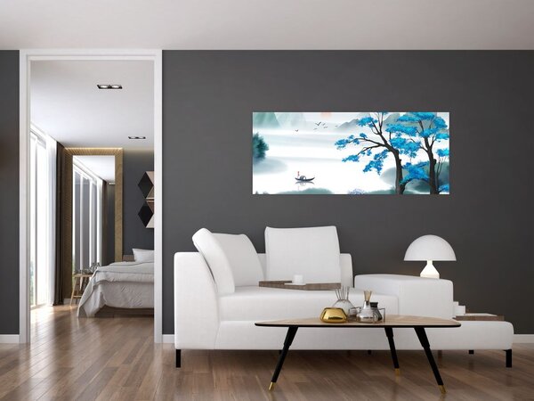 Tablou - Pictură, lac cu barcă (120x50 cm)