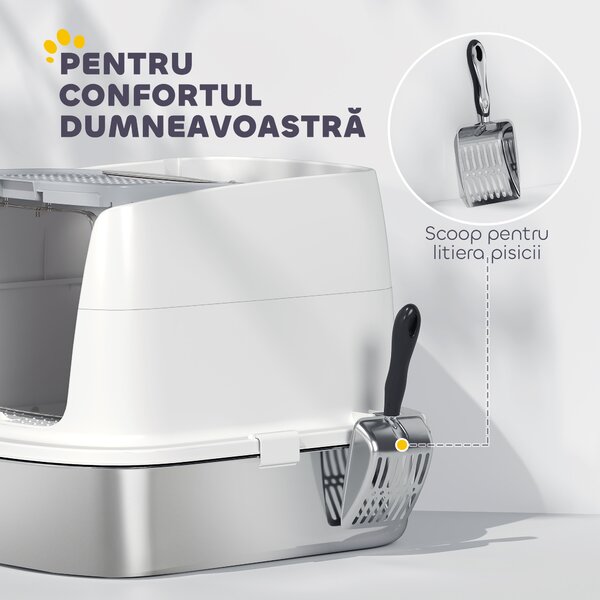 PawHut Litieră pentru pisici cu 2 intrări, deodorant și lopățică, Alb | Aosom Romania