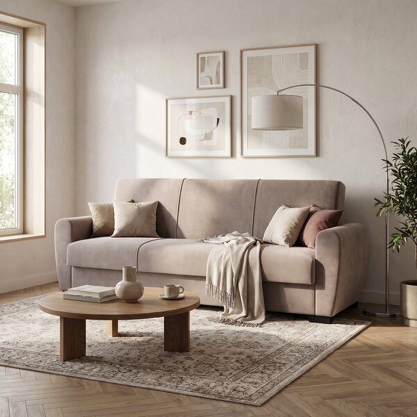 Canapea Extensibilă 3 locuri Valencia, cu ladă de depozitare, Bej - Gri, 220x68x90 cm