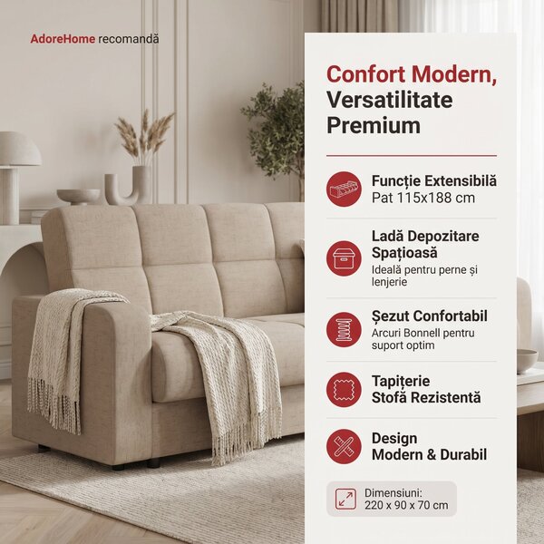 Canapea extensibila 3 locuri Thassos cu lada de depozitare, Bej - Maro, 220x70x90 cm