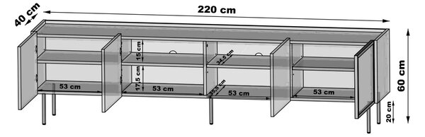 Comodă TV Dunari 220 cm cu picioare metalice - stejar dunin