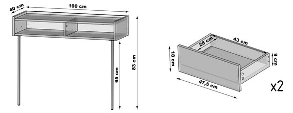 Consolă Dunari 100 cm cu sertare și picioare metalice - stejar Dunin