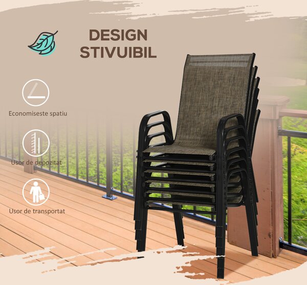 Outsunny Set 6 Piese Scaune de Gradina cu Cotiere, Scaune de Exterior Stivuibile din Metal si Tesatura Respirabila, Maro | Aosom Romania