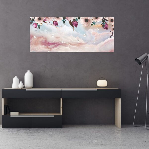 Tablou - Flori roz și marmură roz (120x50 cm)