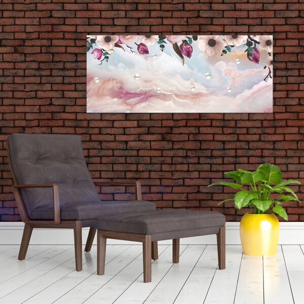 Tablou - Flori roz și marmură roz (120x50 cm)