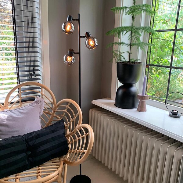 Lampă de podea Art Deco neagră cu 3 lumini cu sticlă fumurie - Vidro