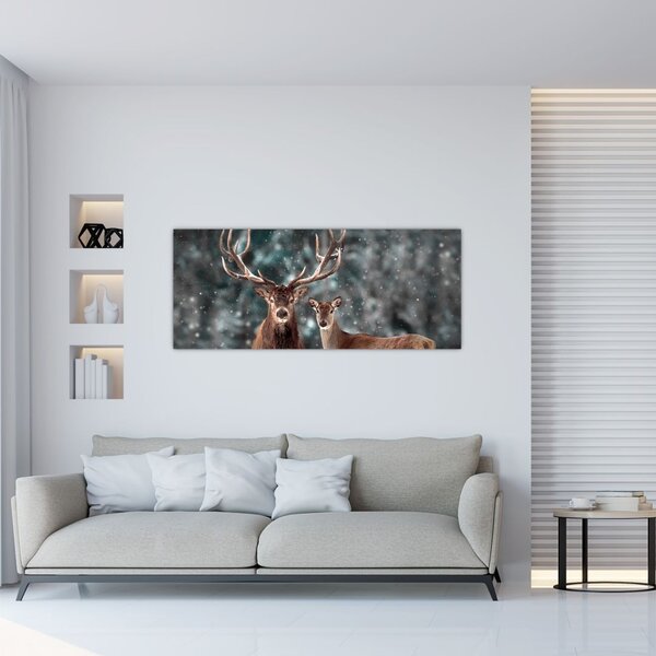 Tablou - Cerb și căprioare în pădurea înzăpezită (120x50 cm)