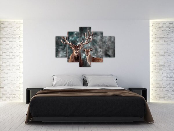 Tablou - Cerb și căprioare în pădurea înzăpezită (150x105 cm)