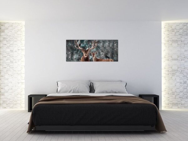 Tablou - Cerb și căprioare în pădurea înzăpezită (120x50 cm)