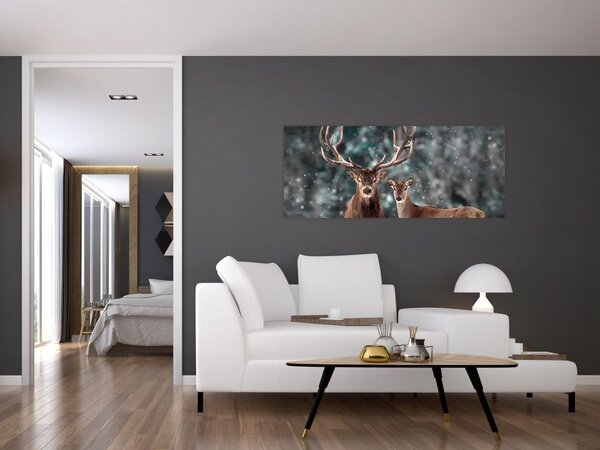 Tablou - Cerb și căprioare în pădurea înzăpezită (120x50 cm)