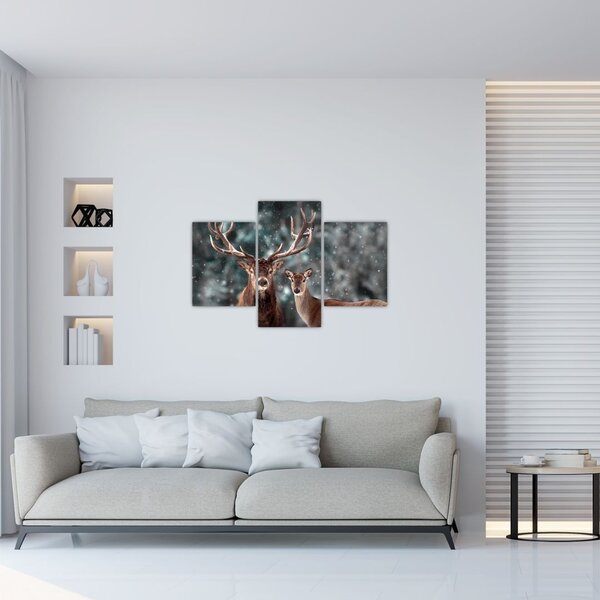 Tablou - Cerb și căprioare în pădurea înzăpezită (90x60 cm)