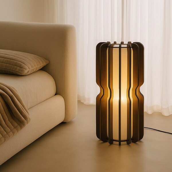 Lucande Lampadar Juneta, 75 cm, maro, lemn, textil, Lemn, Camera de zi / sufragerie, Lemn, Scandinavă