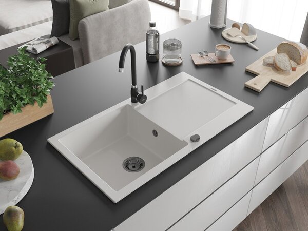 Mexen Leo, chiuveta granit 900x500x190 mm, 1 camera, alb cu sifon negru, 6501901010-20-B