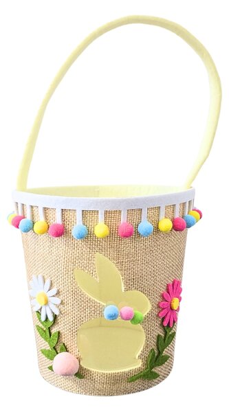 Coșuleț decorativ, de Paște, din poliester, 15 cm, model iepuaș cu floricele