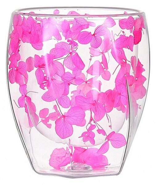 Pahar din sticlă, pereți dubli, flori uscate, hortensie roz, 250 ml