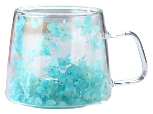 Cană cu flori uscate, pereți dubli, sticlă borosilicată, izolare termică, hortensie, turcoaz, 100 ml