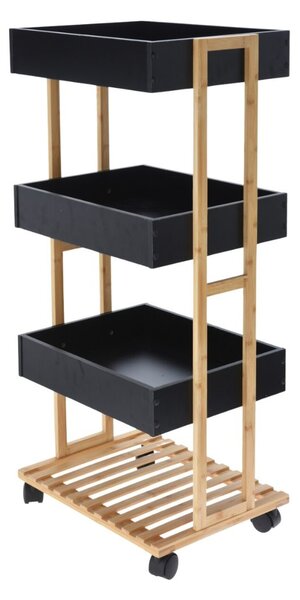 Cărucior de Depozitare cu 3 Rafturi – Structură din Bambus și Tăvi MDF Negre – Mobil cu Roți – 87,5 x 40 x 30 cm