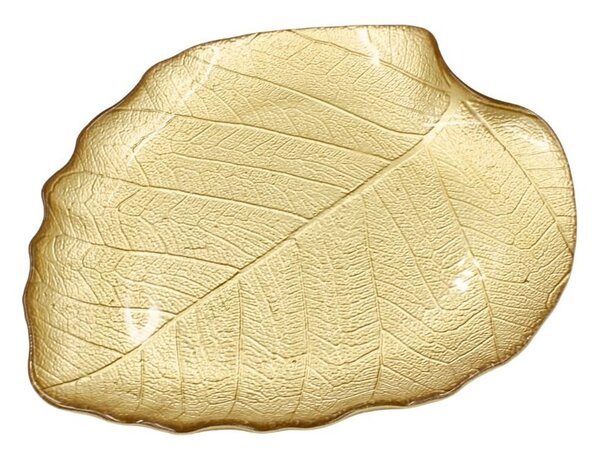 Platou din Sticlă cu Design Frunză – Ø28 cm | Decor Auriu Elegant