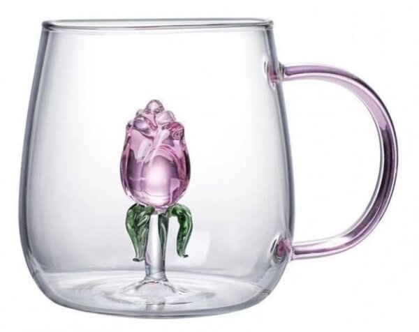 Cană cu lalea de sticlă în interior, pereți dubli, sticlă borosilicată, 400 ml, SZK129
