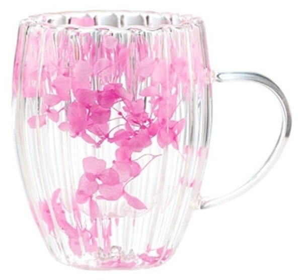 Cană cu petale de trandafiri roz, pereți dubli, sticlă borosilicată, 300 ml, SZK157