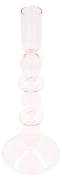 Suport pentru lumânare, tip sfeșnic, din sticlă roz translucidă, cu design elegant în trepte, 24 cm, Arti Casa