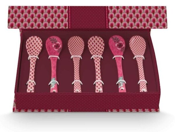 Set 6 lingurițe, din porțelan, Pip Studio, Dark Pink, 13 cm, colecția Flower Festival
