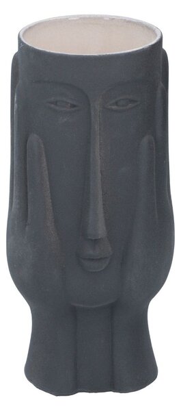 Vază decorativă, din ceramică, gri antracit – design artistic cu față stilizată și finisaj mat, 23x11x10 cm