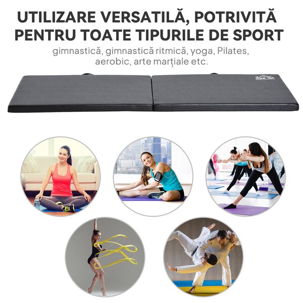 HOMCOM Tapet de Gimnastică Pliabil, Tapet Fitness Gros de 5 cm și Antialunecare, 180x60x5 cm, Negru | Aosom Romania