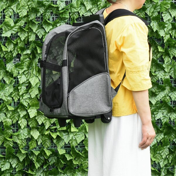 PawHut Rucsac 2 în 1 pentru Câini și Pisici cu Buzunare Laterale, Mâner Telescopic și Roți, 42x25x55 cm, Gri | Aosom Romania