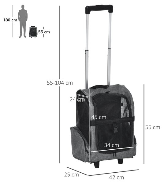 PawHut Rucsac 2 în 1 pentru Câini și Pisici cu Buzunare Laterale, Mâner Telescopic și Roți, 42x25x55 cm, Gri | Aosom Romania