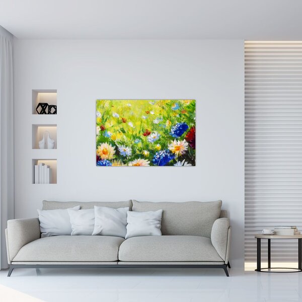 Tablou - Pictură în ulei, pajiște înflorită (90x60 cm)