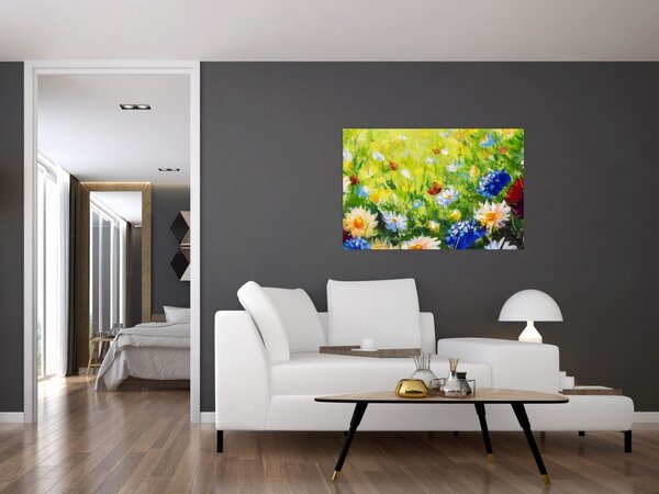 Tablou - Pictură în ulei, pajiște înflorită (90x60 cm)