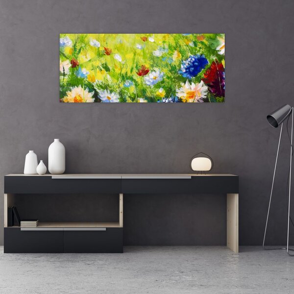 Tablou - Pictură în ulei, pajiște înflorită (120x50 cm)