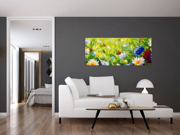 Tablou - Pictură în ulei, pajiște înflorită (120x50 cm)