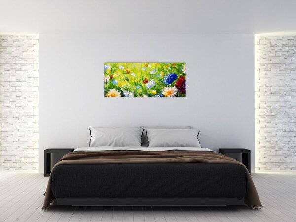Tablou - Pictură în ulei, pajiște înflorită (120x50 cm)