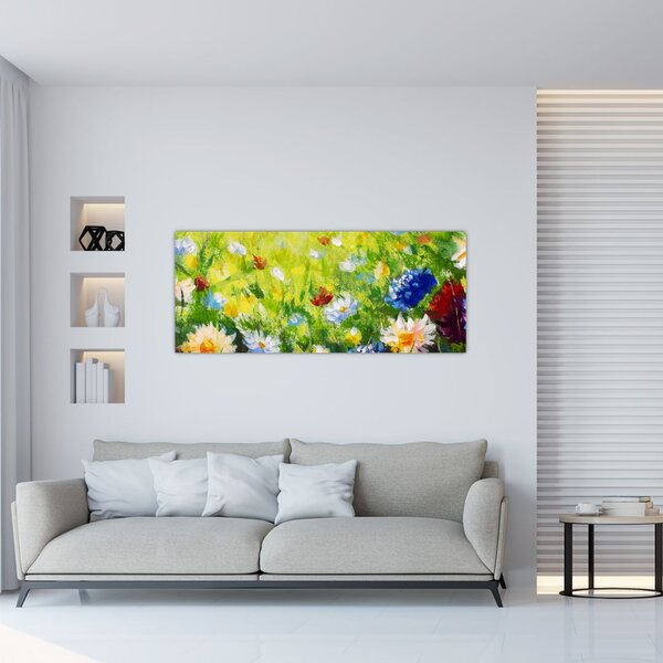 Tablou - Pictură în ulei, pajiște înflorită (120x50 cm)
