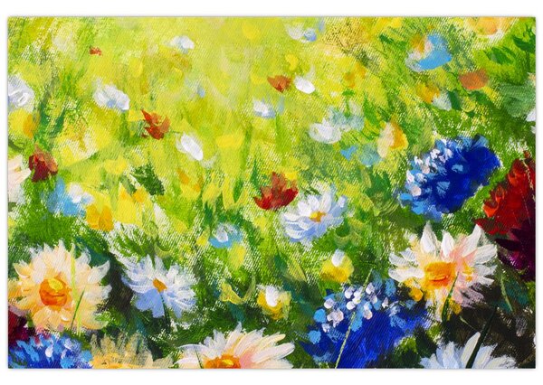 Tablou - Pictură în ulei, pajiște înflorită (90x60 cm)
